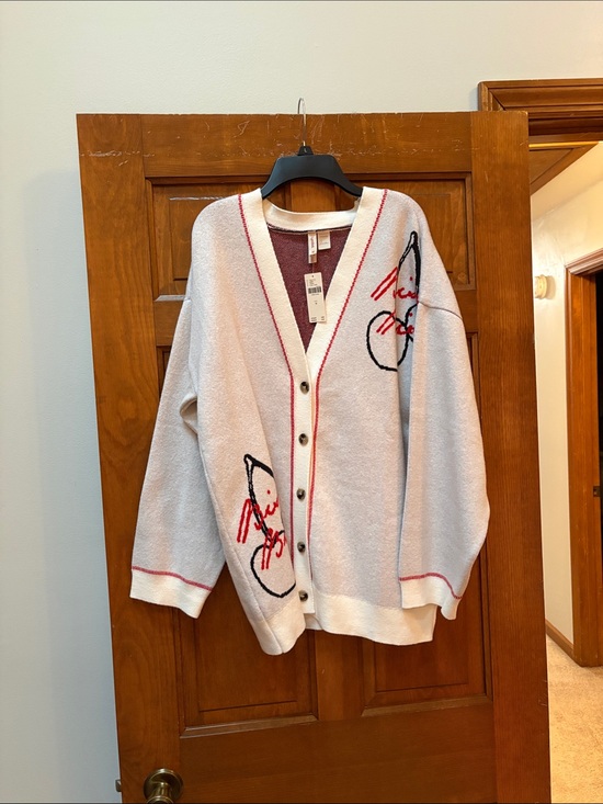 Anthropologie Sweaters - Anthropologie Cream Cardigan with Red Trim and Black Script Accents